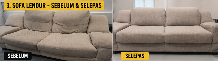 Sofa lendur sebelum dan selepas dibaiki supaya lebih kemas